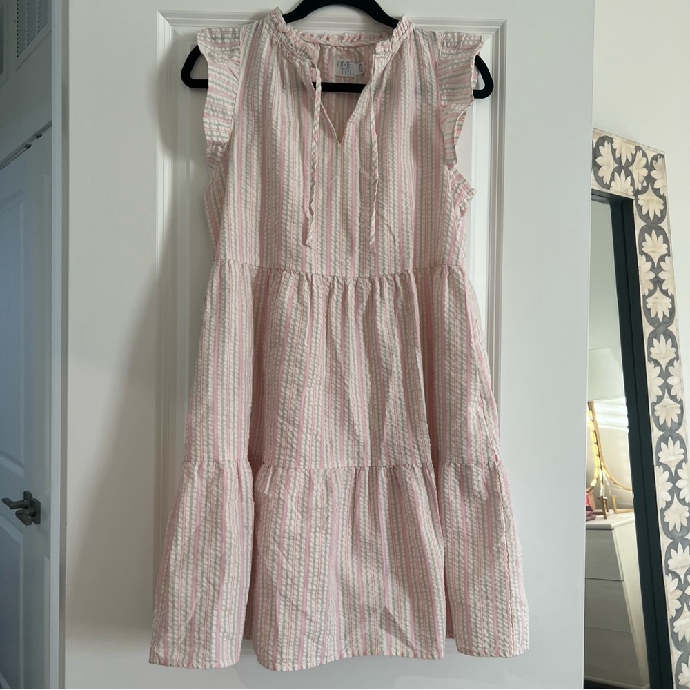 Pink and green seersucker dress